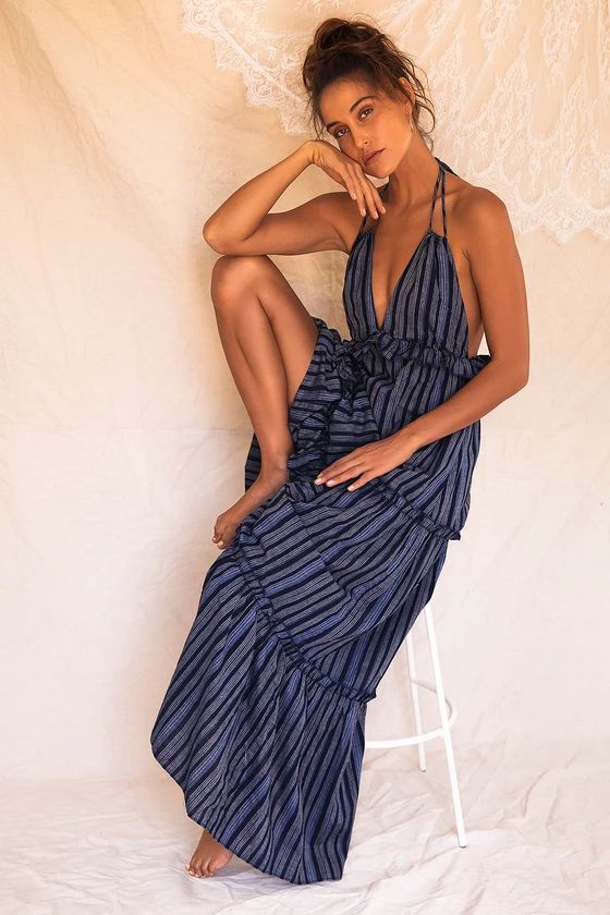 Vacay Babe Navy Blue Striped Halter Maxi Dress | Lulus (US)