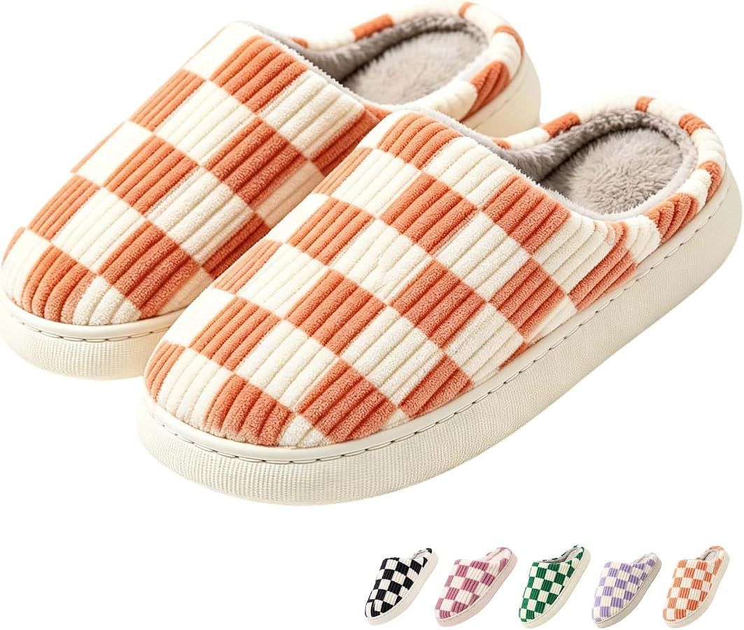 Checkered Slippers for Women and Men - Fuzzy House Slippers with Memory Foam, Comfy Plush Fluffy ... | Amazon (US)