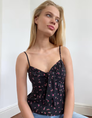 & Other Stories ditsy floral tie front strappy top in black | ASOS (Global)
