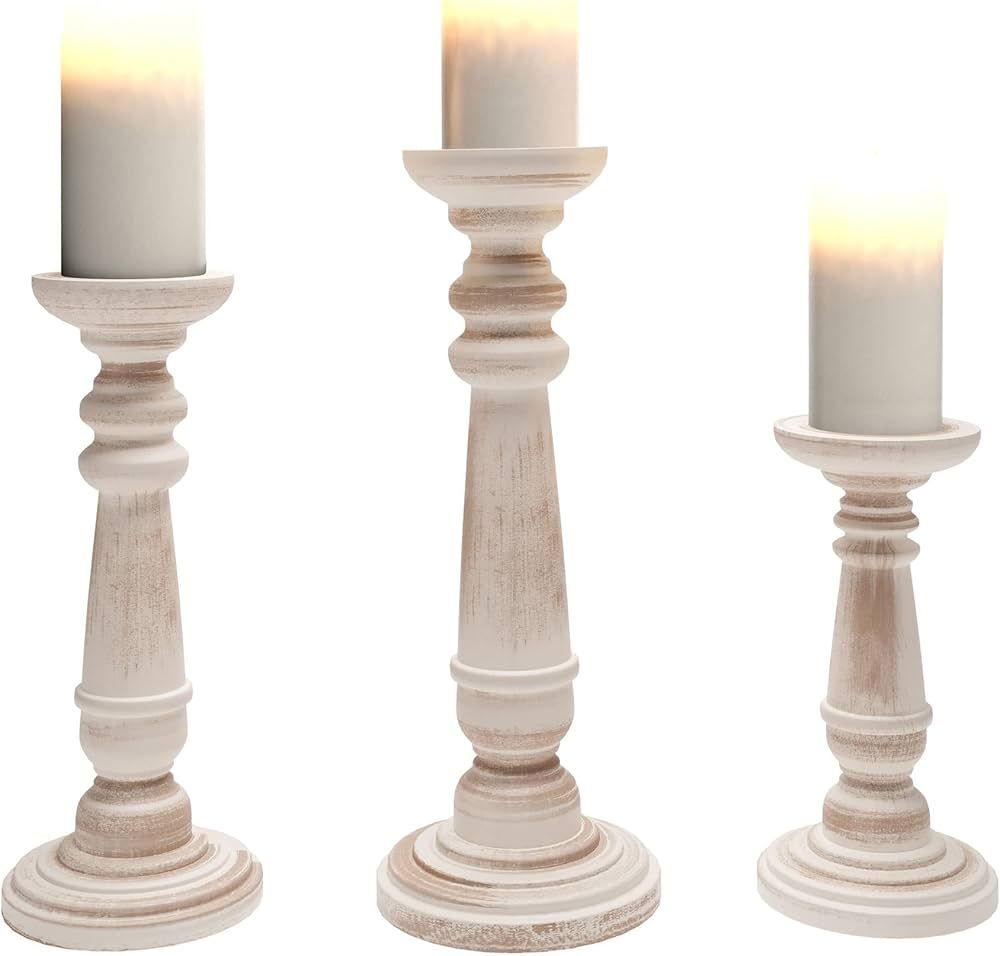 Barnyard Designs Rustic Pillar Candle Holder Stands, Tall Wood Candlestick Centerpieces for Table or Living Room Decor, White, Set of 3, (14", 11.5", and 9" Tall) | Amazon (US)