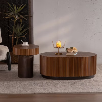 Set of 2 Round Solid Wood Coffee Tables, Handcrafted Wave Stripe Fluted Design with Nesting Function | Target