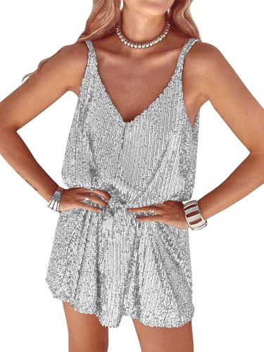 MIYIEONZ Women Sequin Sexy V Neck Shift Dress Sparkly Glitter Sleeveless Short Flowy Loose Party Night Out Club Dress Silver | Amazon (US)