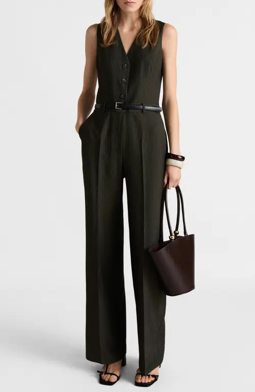MANGO Pinstripe Sleeveless Jumpsuit in Billiard Green at Nordstrom, Size Medium | Nordstrom