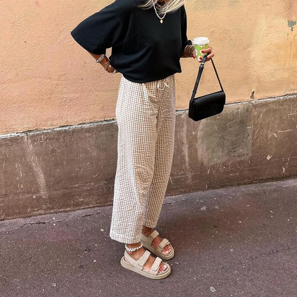 Women Y2K Plaid Pants Summer Casual Drawstring High Waist Straight Leg Trousers Gingham Lounge Pa... | Amazon (US)