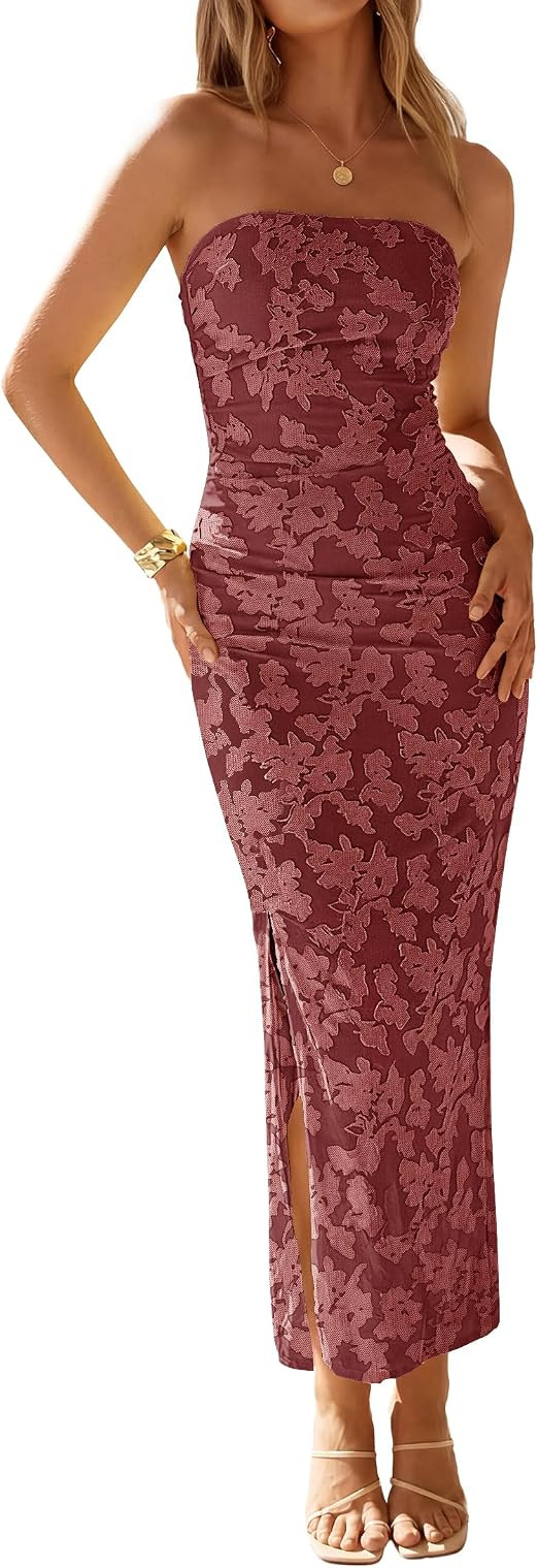 ZESICA Womens Summer Strapless Floral Bodycon Ruched Slit Maxi Formal Dress | Off Shoulder Mesh C... | Amazon (US)