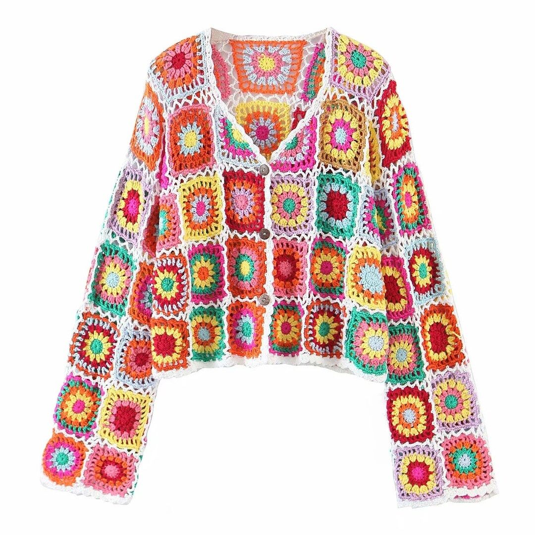 Women's Knitted Patchwork Sweater Crocheted Colorful Cardigan Short Top Holiday Festival Gifts | Etsy (US)
