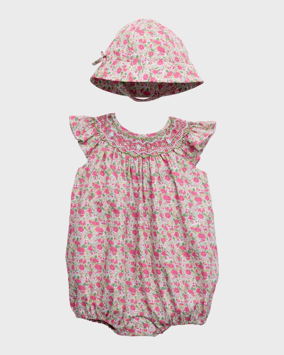 Ralph Lauren Childrenswear Girl's Smocked Poplin Bubble Shortall and Hat Set, Size 3M-24M | Neiman Marcus