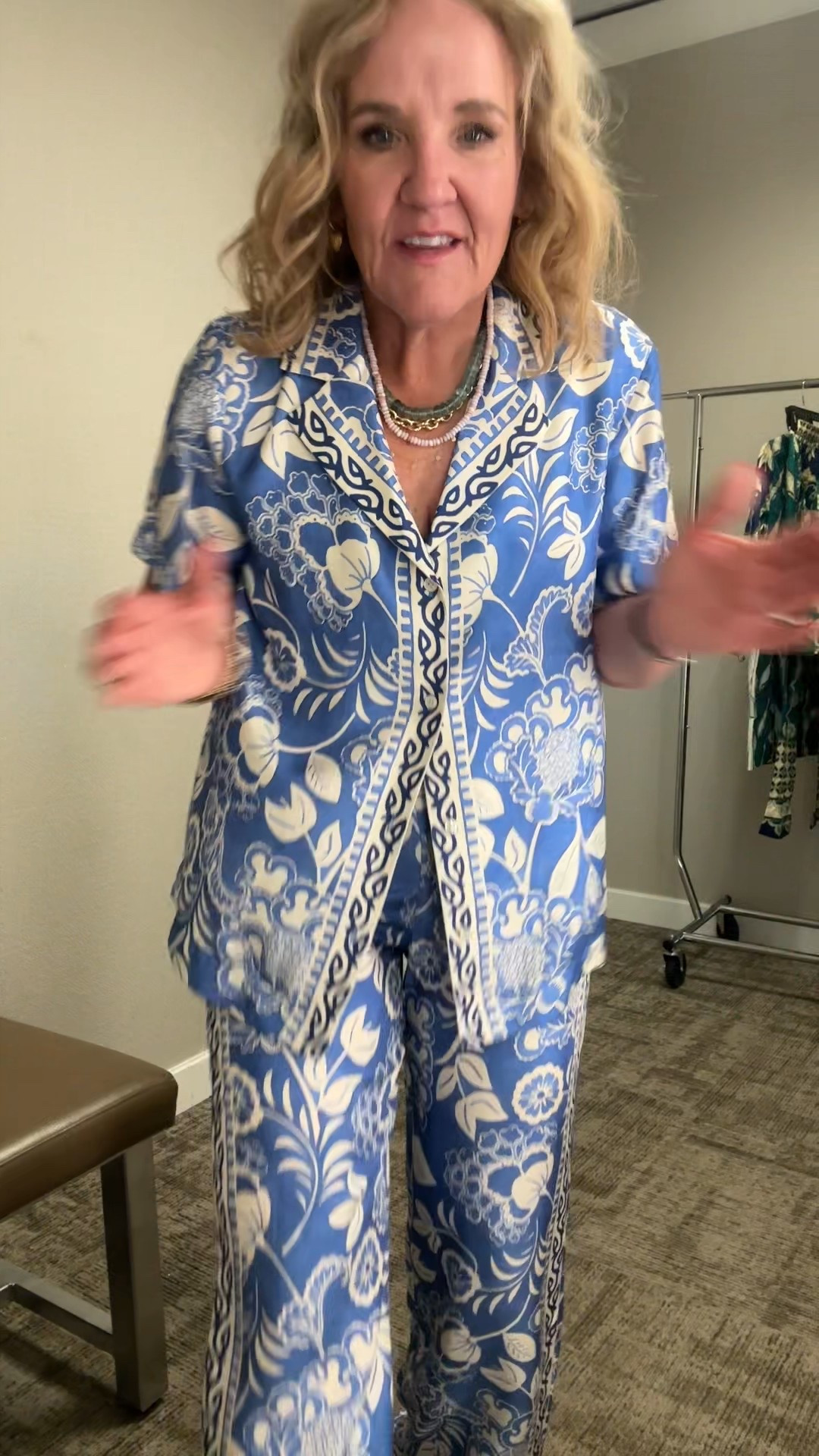 J McLaughlin two piece pants set. It’s a beautiful periwinkle color. It runs true to size. I am wearing a six because the store didn’t have an eight. The six is too small but my regular size, and eight would’ve worked great. The glasses is a size medium.

Great set for cruising resort wear summer birthday dinners vacation set