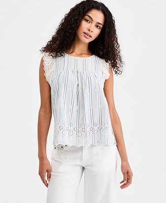 Lucky Brand Women's Striped Cotton Linen Sleeveless Top - Macy's | Macy's