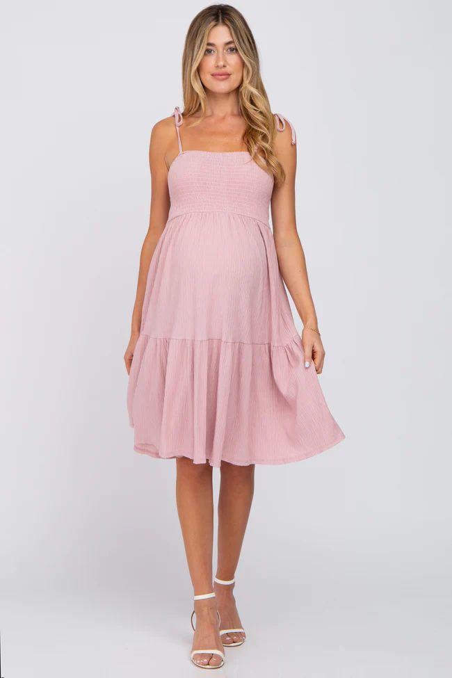 Pink Smocked Shoulder Tie Maternity Dress | PinkBlush Maternity