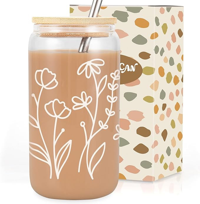Coolife Floral Iced Coffee Cup, 16oz Drinking Glass Cups w/Lids Straws, Aesthetic Cups, Coffee Gl... | Amazon (US)