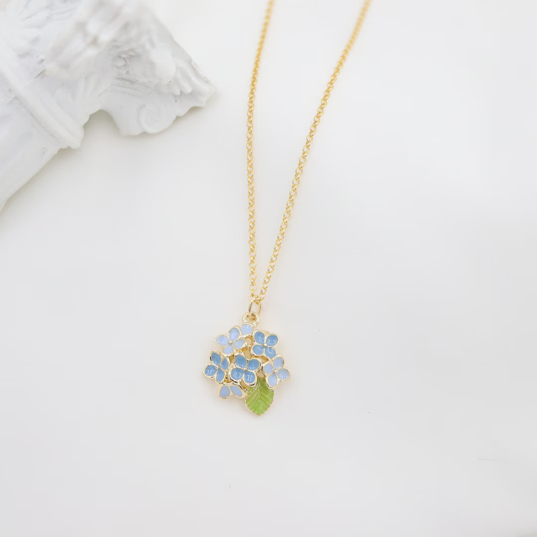 Dainty Enamel Blooming Hydrangea Pendant Necklace, 14K Gold Filled, Elegant, Wedding Party Jewelr... | Etsy (US)