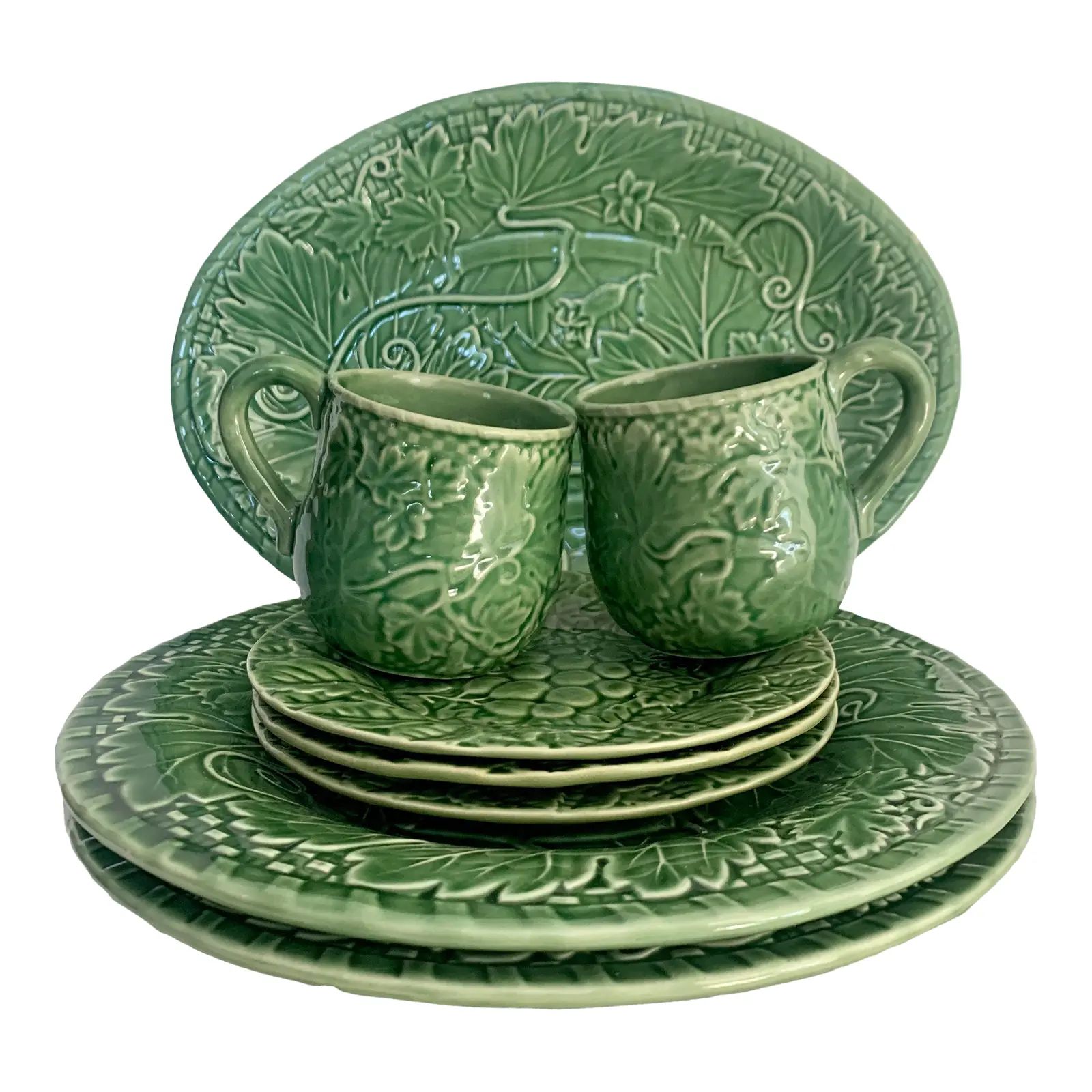 Vintage Bordallo Pinheiro Green Vine Dinner Ware | Chairish