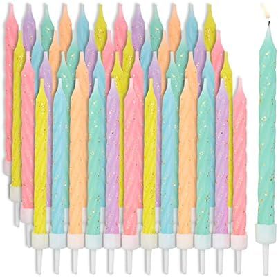Multicolored Pastel Thin Birthday Cake Candles in Holders (3 in, 48 Pack) | Amazon (US)