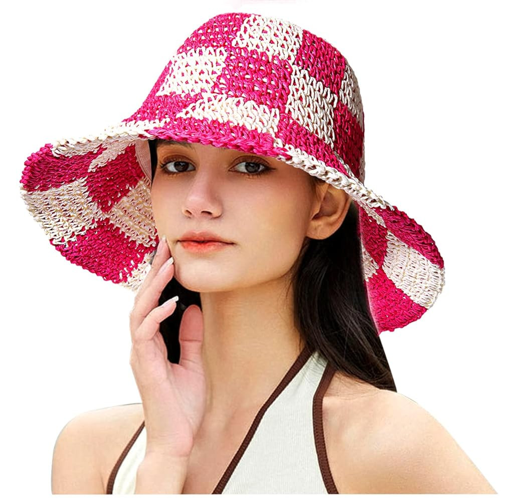 Sun Hats Checkerboard Straw Bucket Hat for Women Packable Crochet Wide Brim Floppy Beach Hats Tra... | Amazon (US)