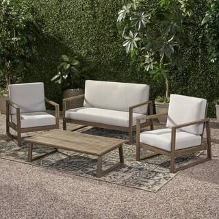 Noble House Belgian Grey 4-Piece Wood Patio Conversation Seating Set with Light Grey Cushions 691... | The Home Depot
