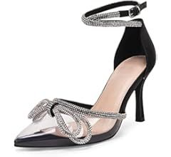 Coutgo Women's Clear Heels Closed Toe Pointed Rhinestone Heels Wedding Bridal Dress Shoes Ankle Stra | Amazon (US)