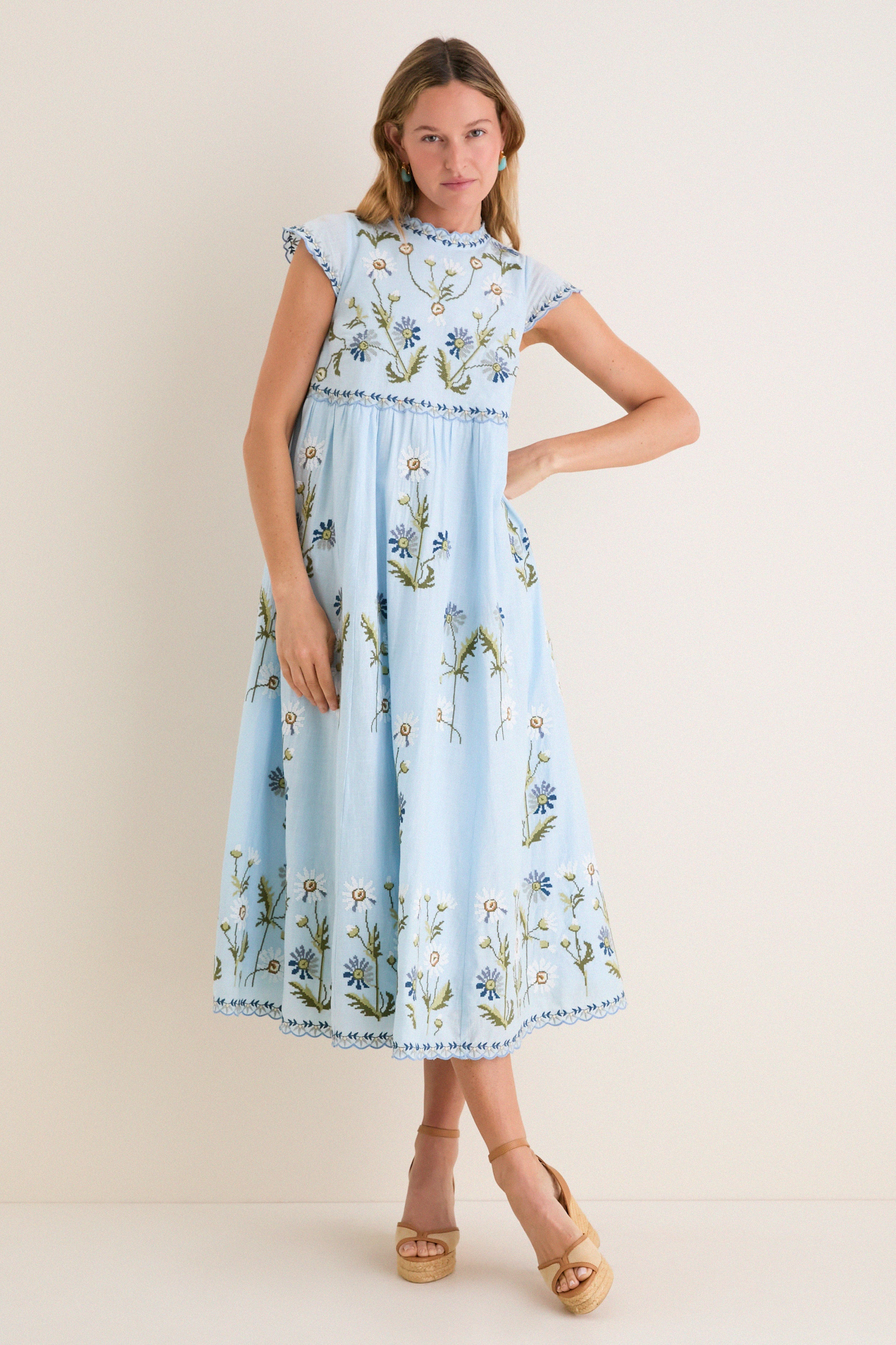 Blue Audra Embroidery Midi Dress | Tuckernuck (US)