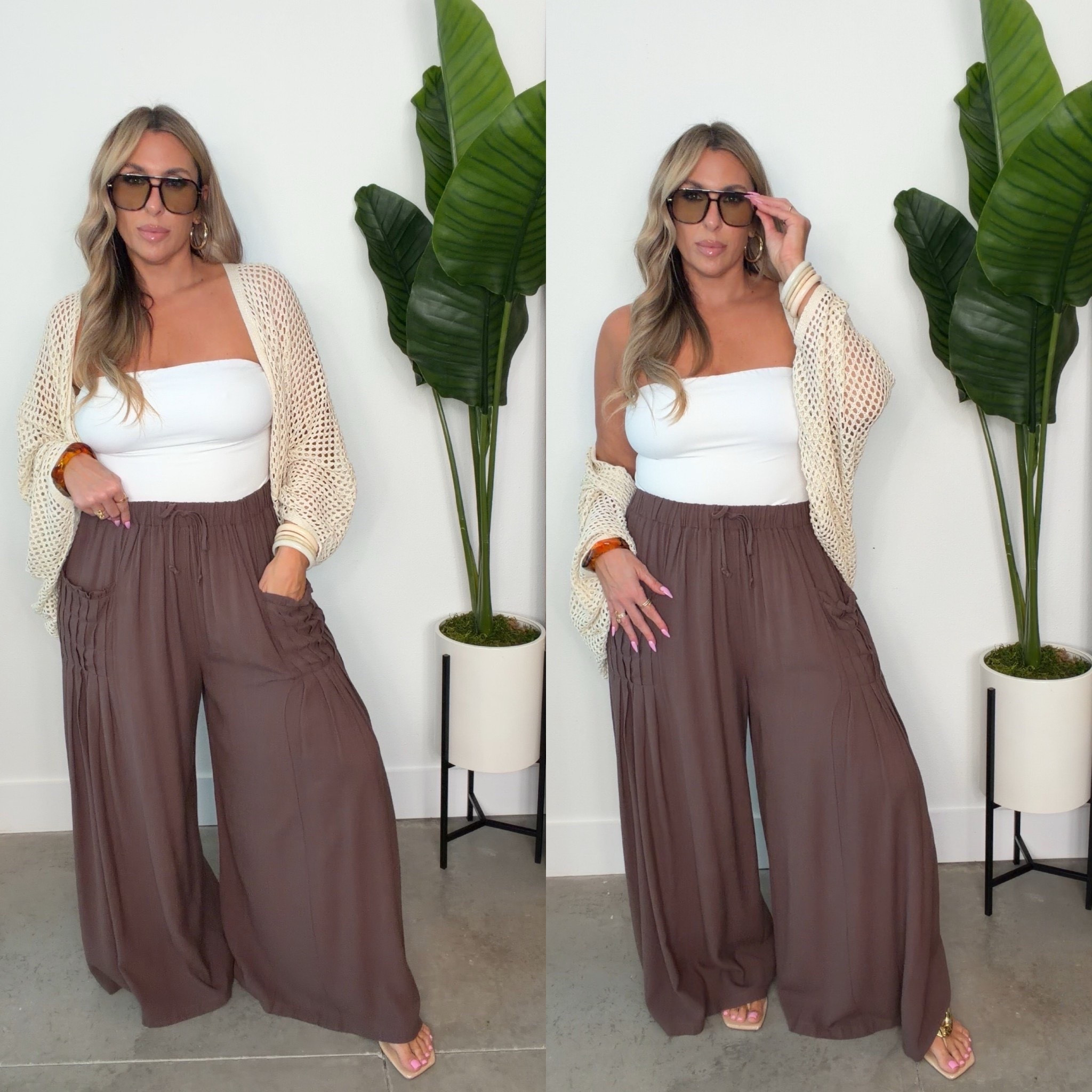 Midsize easy tummy and arm friendly spring outfit. 

Wide leg pants size L (size down) Tall friendly. Also linked the ankle length pants version for petites. 

Sunglasses discount code: CHRISTINEHR. 

Crochet bolero size medium fits very oversized (runs very big size down 1-2 sizes) 

Tube top L