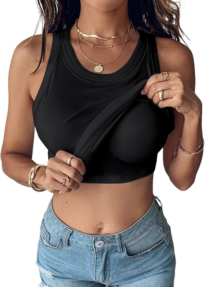 Chic-Me Tank Top with Bra, Ribbed Tank Tops with Built In Bras, Cotton Camisole Workout Sports Pa... | Amazon (US)