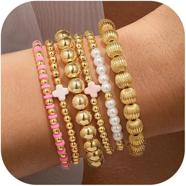 Yoosteel Gold Beaded Bracelets Set for Women Teen Girl Gifts Non Tarnish - 14K Gold Plated Dainty... | Amazon (US)