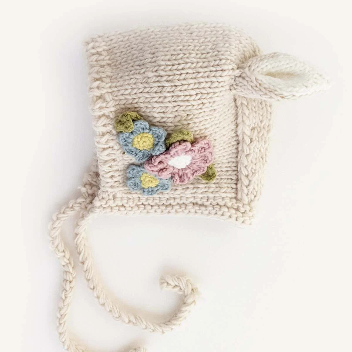 Knit Bunny Bonnet, Natural Flowers | SpearmintLOVE