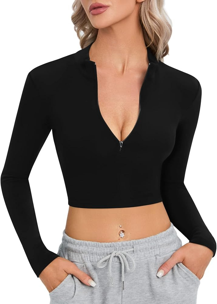 CLOZOZ Fleece Lined Long Sleeve Crop Top Mock Turtleneck for Women Sexy Tops Zip Up Crop Top Fitt... | Amazon (US)