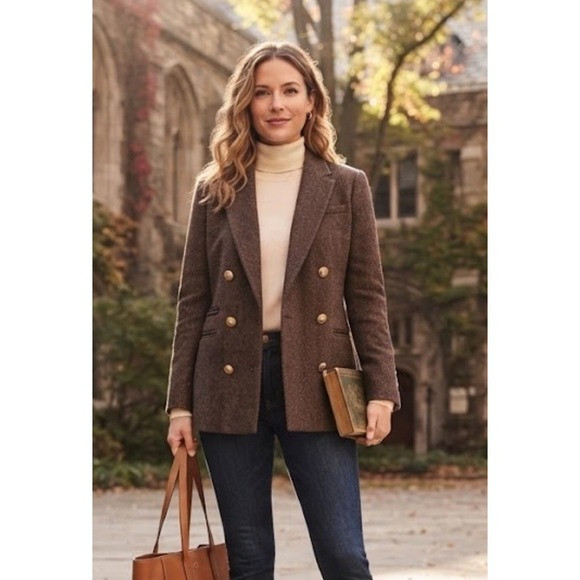 J.Crew Bristol Blazer Brown Herringbone Jacket Gold Buttons Moon Cloth Womens 00 | Poshmark