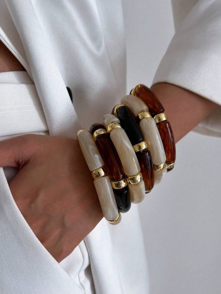 Set De 3 Pulseras Apilables De Estilo Vintage De Cuentas De Bambú Acrílicas, Pulseras De Puño Elásticas Minimalistas Y De Moda Para Mujer, Adecuadas Para Uso Diario, Fiesta Y Vacaciones, Set De Joyas Decorativas | SHEIN