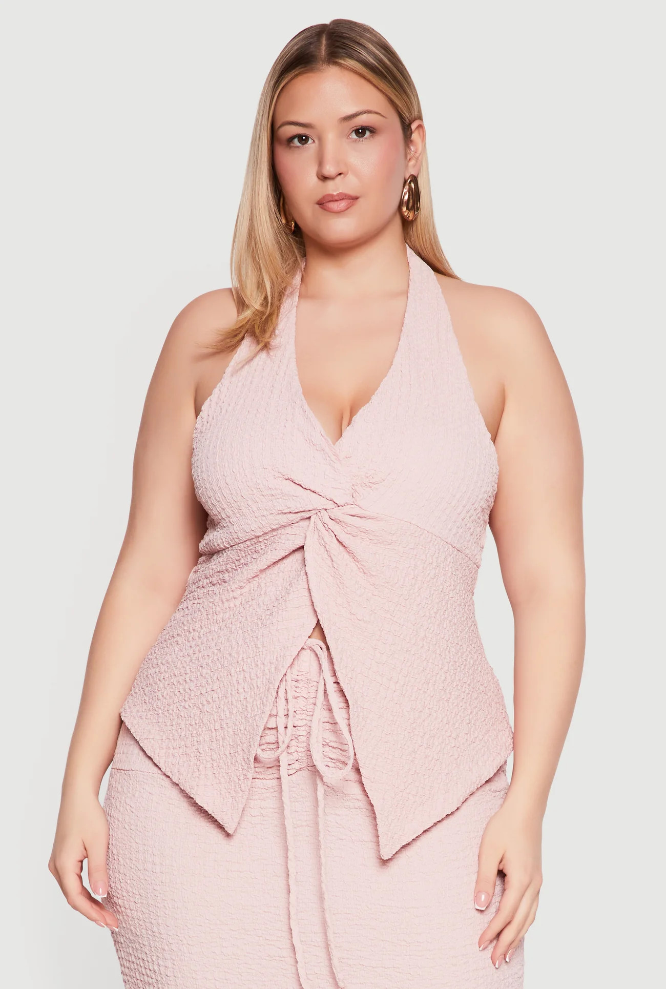 Plus Size Crepe Knit Twist Front Detail Split Hem Halter Top | Rainbow Shops