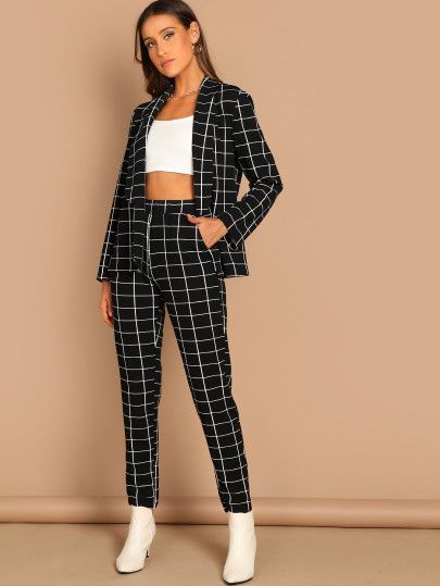 Grid Print Blazer & Pants Set | SHEIN