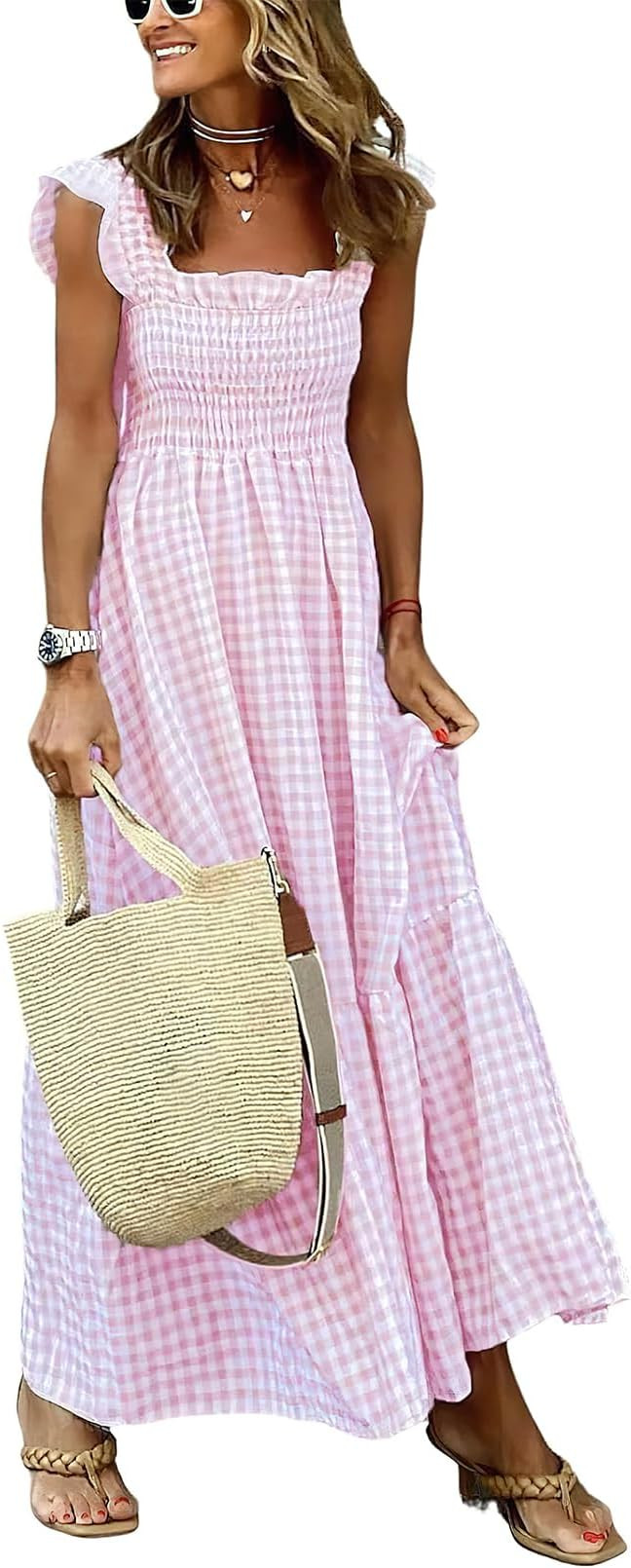 ebossy Women's Fashion Plaid Dress Sleeveless Smocked Ruffle Pleated Boho Party Beach Gingham Max... | Amazon (US)