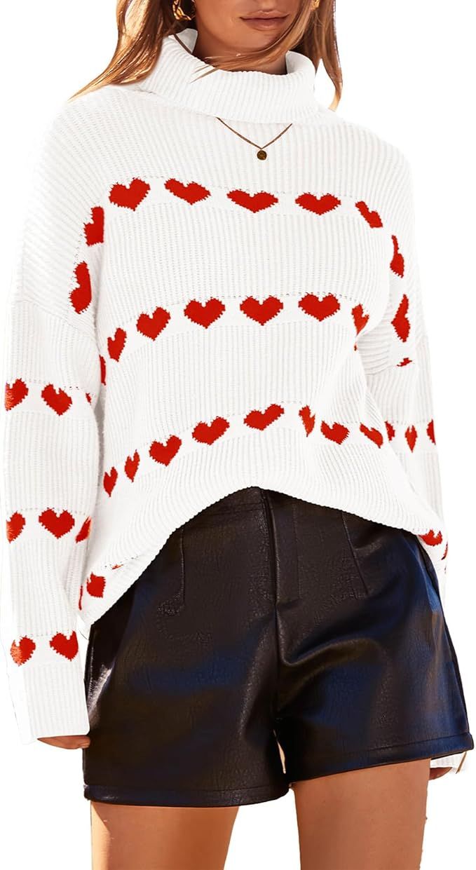 Women Valentines Day Turtleneck Sweaters for Teen Girls Heart Print Oversized Long Sleeve Knit Pu... | Amazon (US)