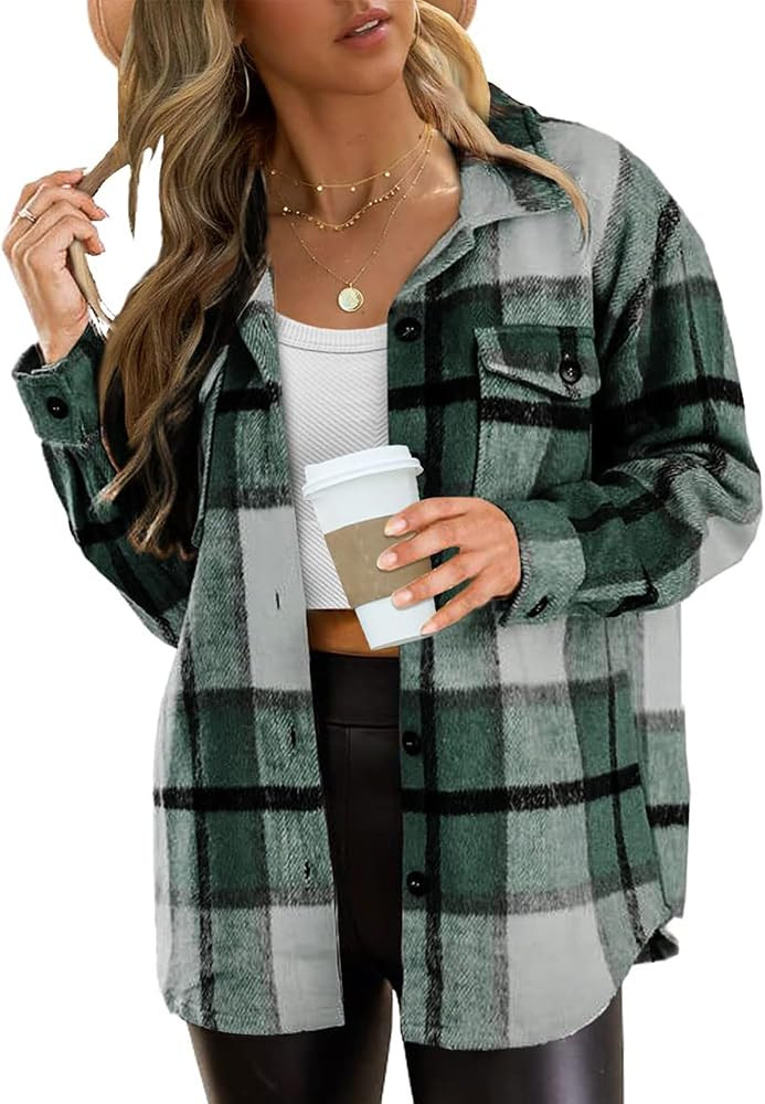 Blansdi Womens Flannel Shacket Plaid Button Down Long Sleeve Shirts Jacket Coats Fall Outfits Fas... | Amazon (US)