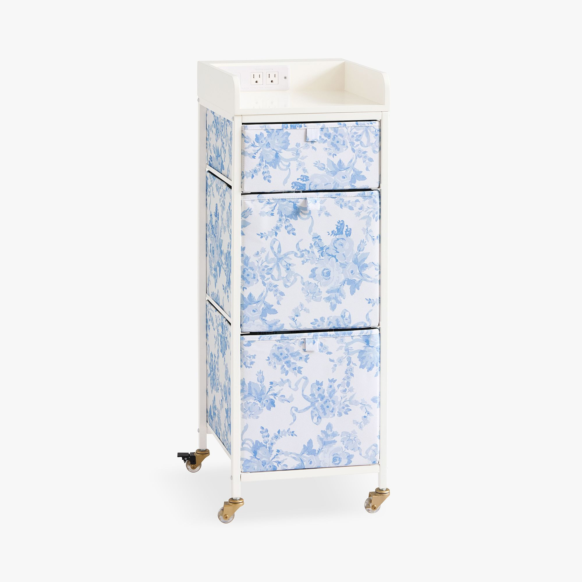 LoveShackFancy Tall Plug-In Rolling Cart with AC Plug & USB A/C (12.75"x35.25") - Blue Damask | Pottery Barn Teen