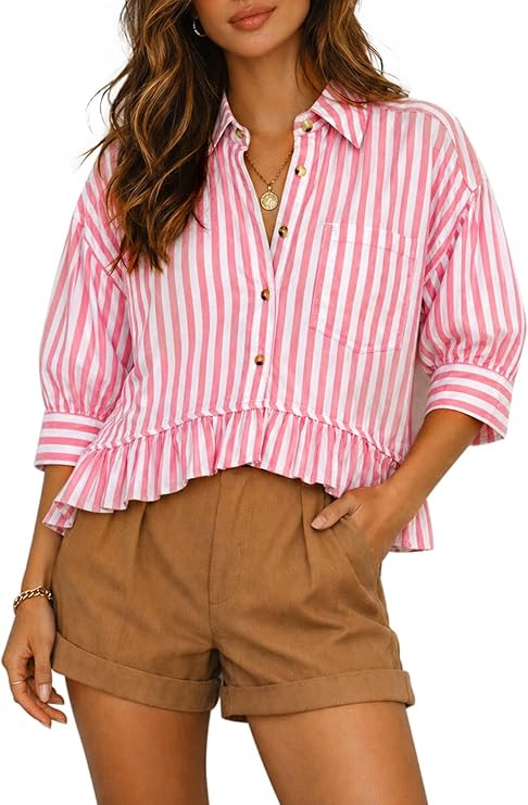 CHYRII Womens Summer Tops Dressy Casual Blouse Top Ruffled Short Sleeve Button Down Striped Shirt... | Amazon (US)