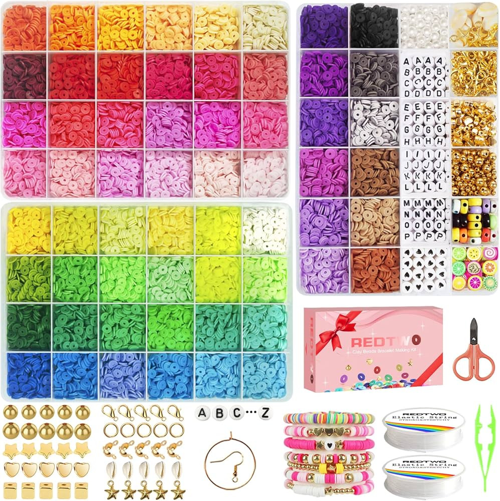 Redtwo 16000 Pcs Clay Beads for Bracelet Making Kit for Girls, 60 Colors Flat Polymer Heishi Bead... | Amazon (US)