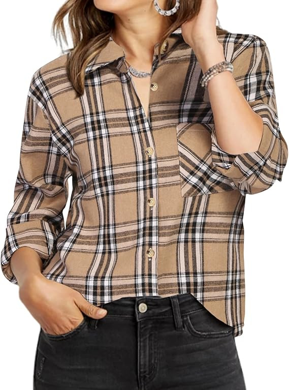 Zeagoo Womens Plaid Shirts Cotton Classic Long Sleeve Button Down Collared Casual Tops Lightweigh... | Amazon (US)