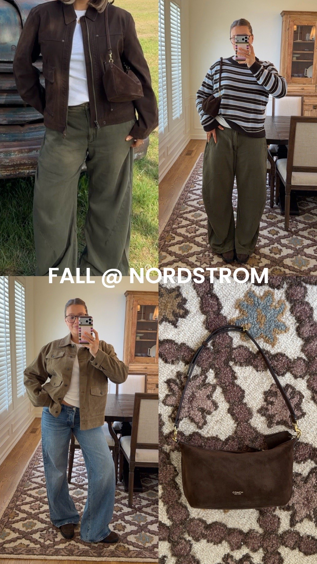 Fall staples include: olive green pants, a fun cashmere sweater and versatile jackets! Size 10 in pants, medium in jackets, medium in sweater it runs oversized. Bag is gorgeous and a deep brown! Loafers and Uggs both run tts @nordstrom #nordstrompartner 

#fallfashion #suedejacket #freepeople #ugg #fallstyle #momstyle #olivepants