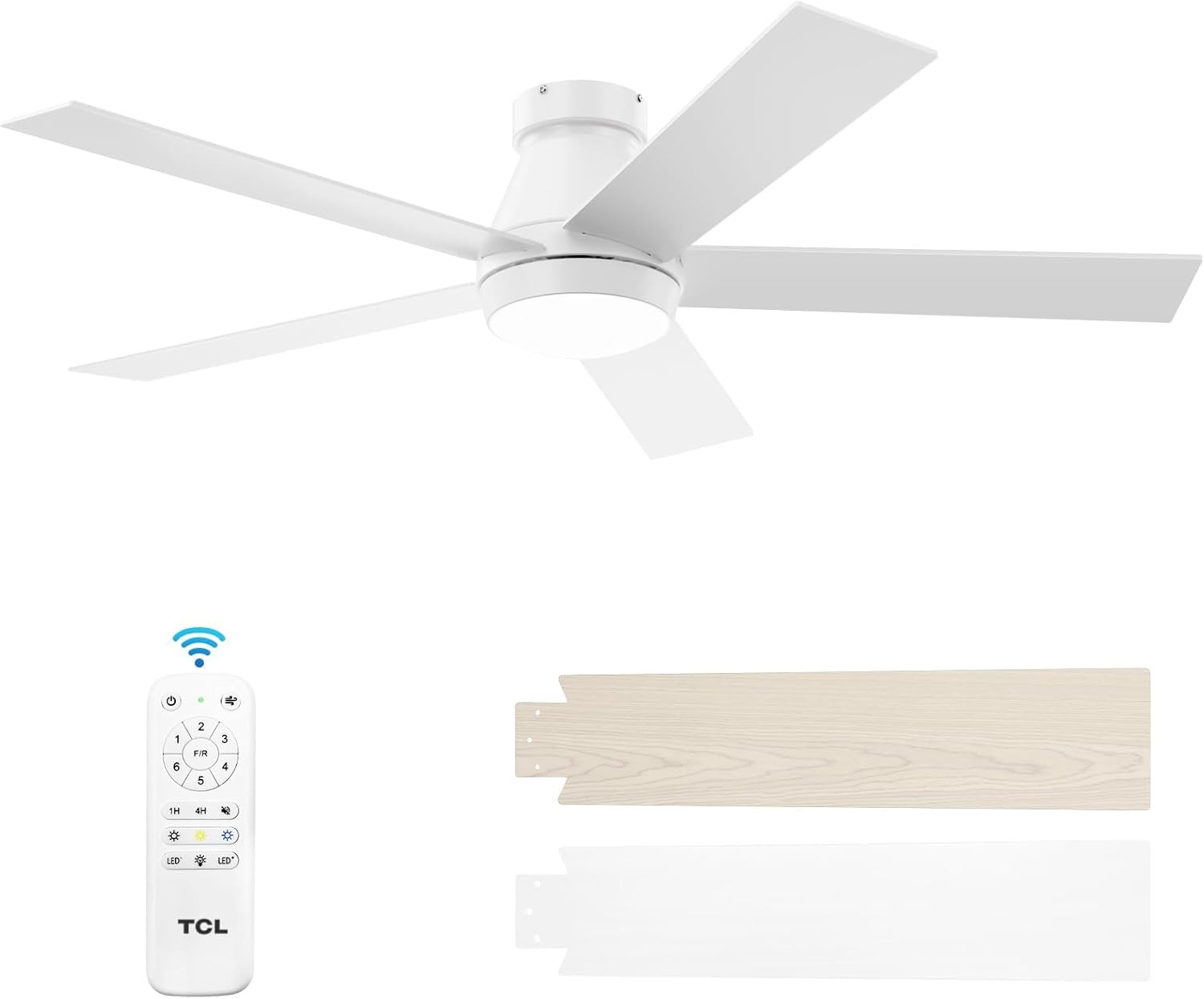 TCL 52" Modern Ceiling Fan with Lights, 5 Blades, 6 Speeds DC Reversible, Dimmable, White Flush M... | Amazon (US)