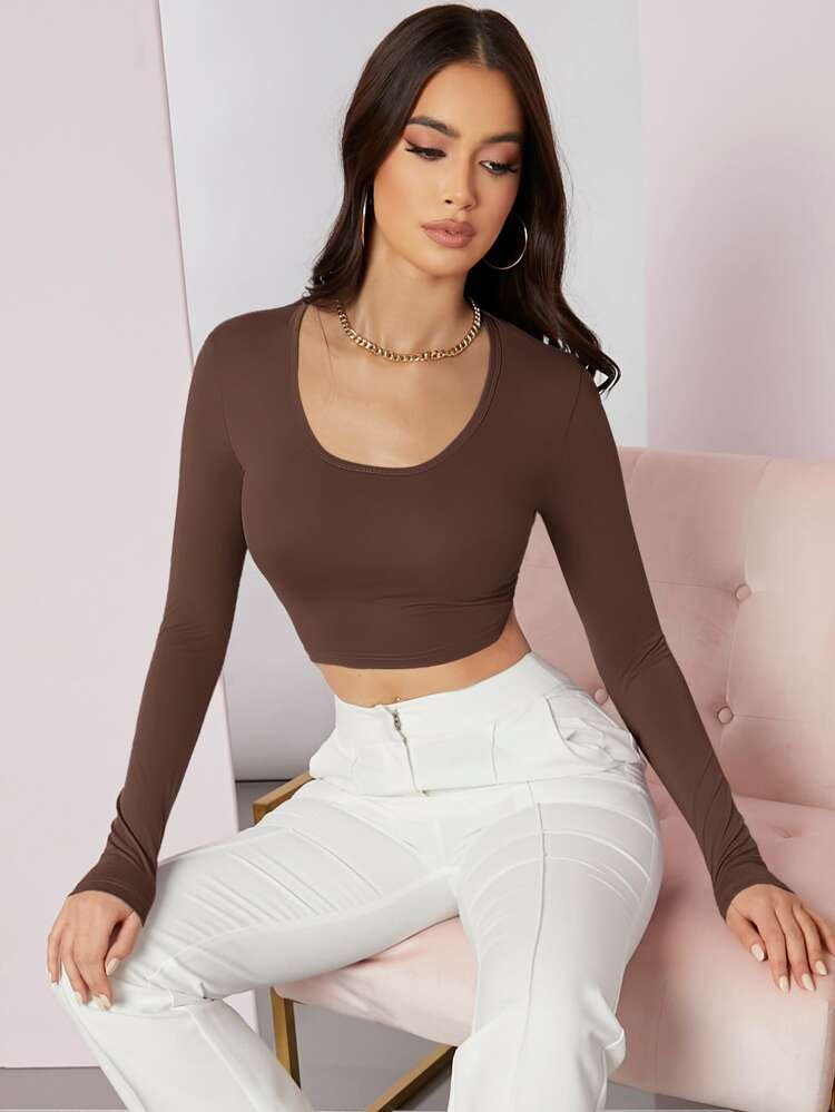 SHEIN BAE Scoop Neck Solid Crop Tee | SHEIN