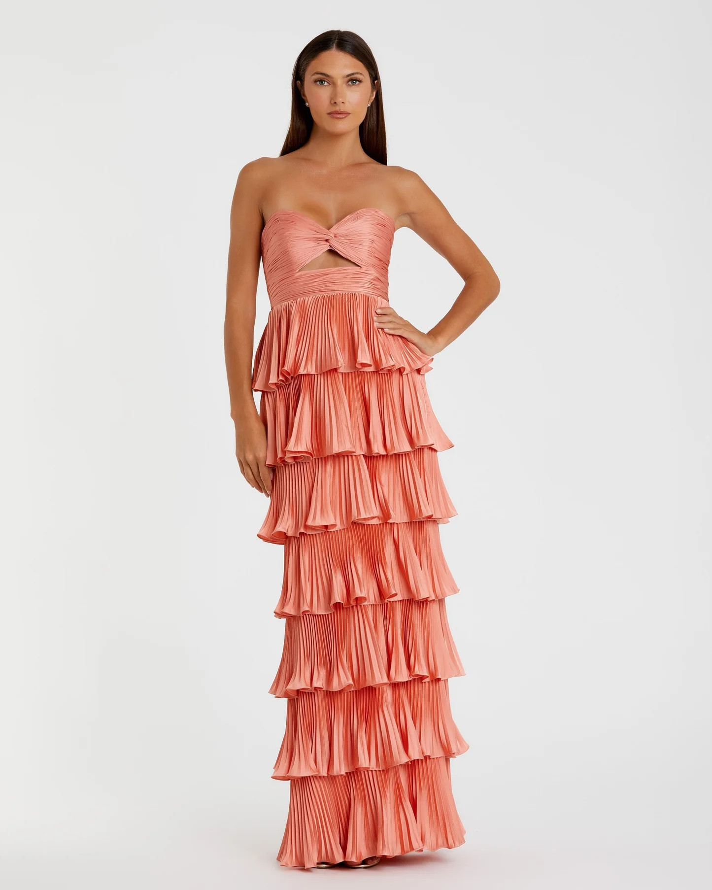Pink Pleated Charmeuse Strapless Tiered Ruffle Gown - Mac Duggal | Mac Duggal