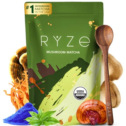 RYZE SUPERFOODS Mushroom Matcha Starter Kit, USDA Organic with 6 Adaptogenic Mushrooms and Ceremonial-Grade Matcha, Energy, Focus, Digestion, Immunity with Turkey Tail, Shiitake, Reishi (Matcha (Pack of 1)) | Amazon (US)