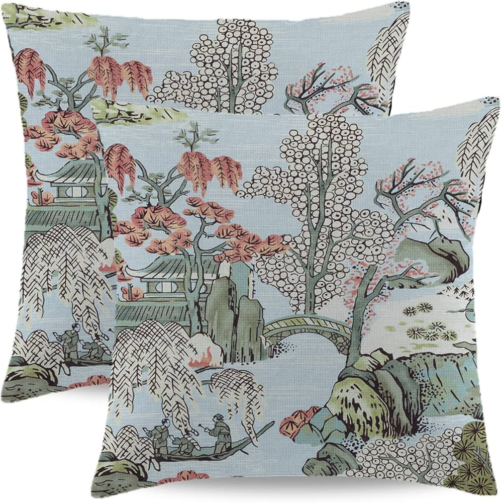 Wsunsal Chinoiserie Pillow Covers 18x18 Inch Set of 2, Asian Scenic Coral Green Blue Throw Pillow... | Amazon (US)