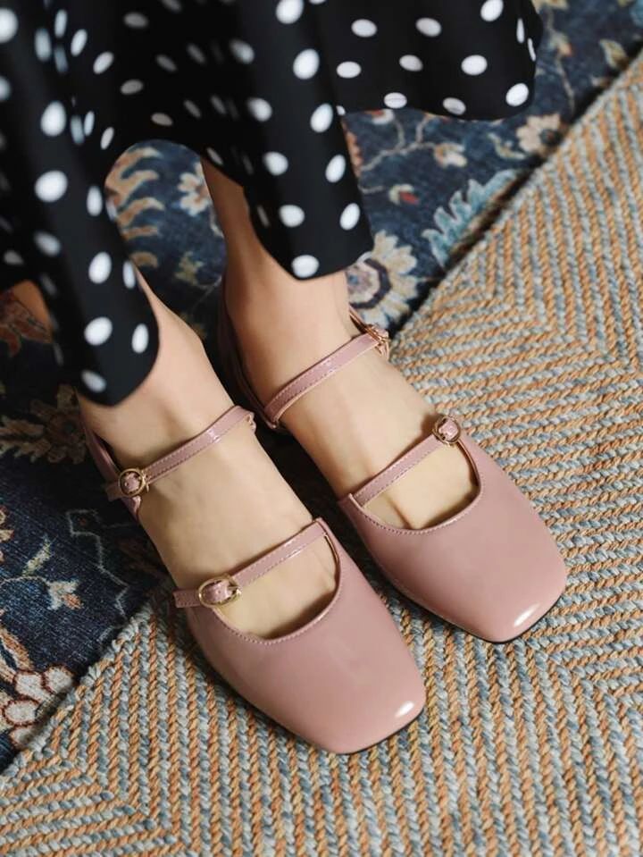 Women Buckle Decor Cut Out Ankle Strap Square Toe Chunky Heeled Pumps, Fashionable Pink Pumps | SHEIN