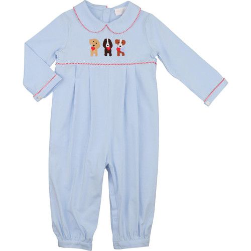 Blue Knit Embroidered Puppies And Hearts Long Romper | Cecil and Lou