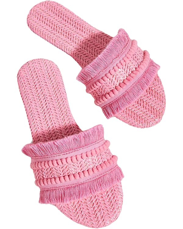 OYOANGLE Women's Fringe Straw Sandals Crochet Open Toe Single Band Flat Slip On Sandals | Amazon (US)