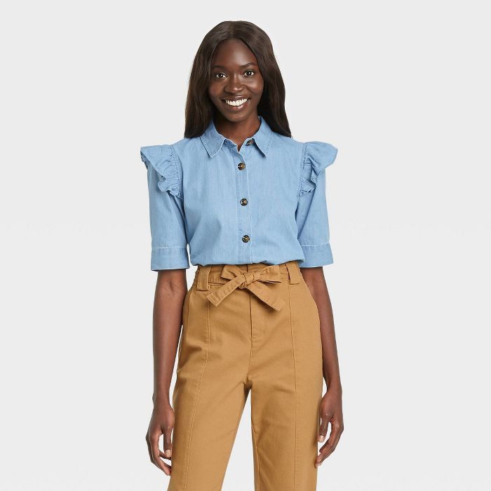Women&#39;s Ruffle Elbow Sleeve Button-Down Shirt - Who What Wear&#8482; Blue M | Target