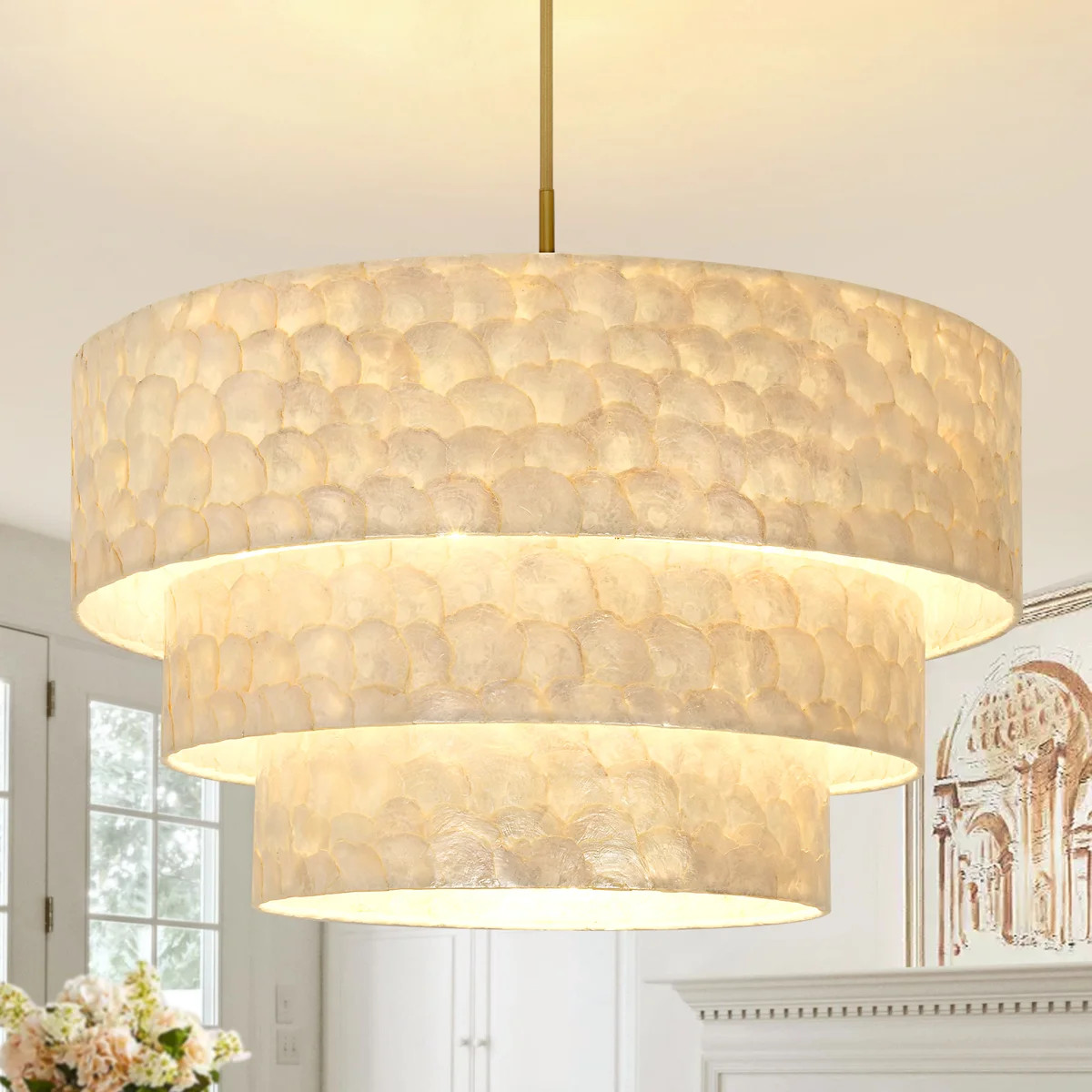 12-Light Triple-Tier Seashell Drum Pendant Chandelier with Gold Finish – Coastal Boho Ceiling L... | Wayfair North America