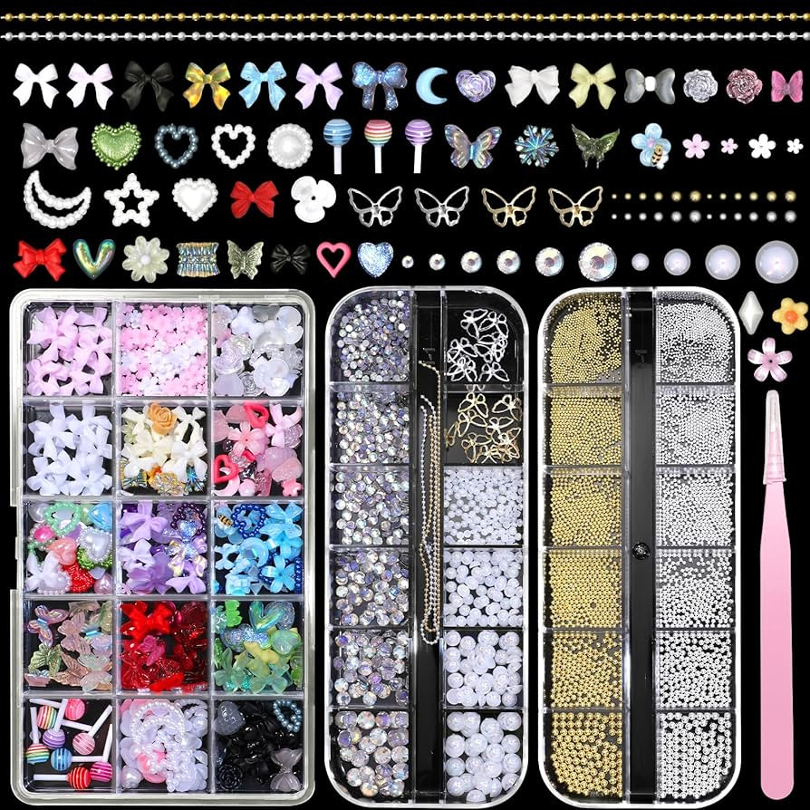 3D Color Nail Art Charms, Bows Flower Nails Charm, Flatback Pearl and Rhinestone Kit, Mixed Gold ... | Amazon (US)